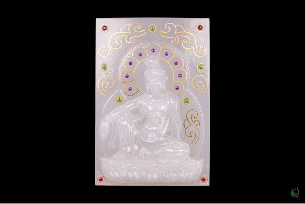 Square Jade Plaque Featuring Guanyin and Buddha